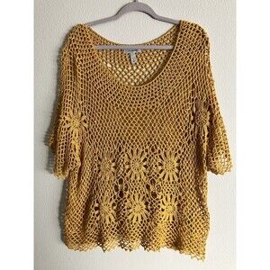 Vtg Dressbarn Yellow Golden Crochet Top Flower Short Sleeve Boho Hippie 3X